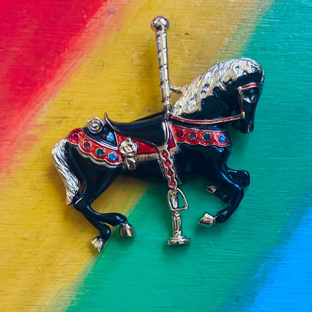 Vintage Large Enamel Carnival Horse Brooch Gold Black Red Rainbow 90s 2.5”